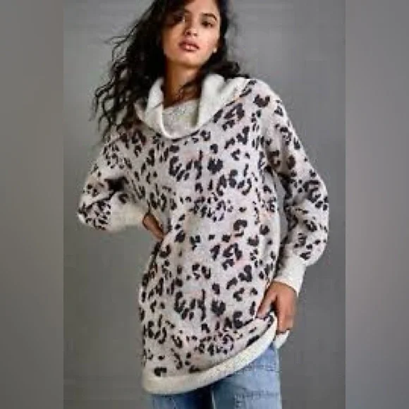 Anthropologie Emma Grey Cowl Neck Leopard Animal Tunic Sweater S - Picture 2 of 10